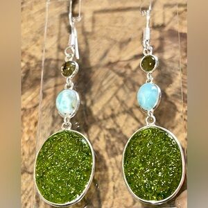 Labradorite & Caribbean Larimar Earrings 2 1/2”